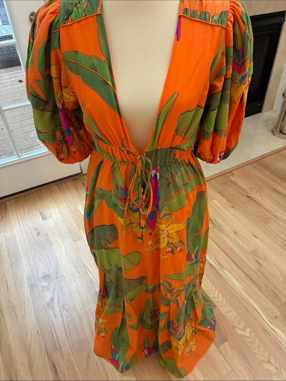 Women’s Orange Tropical Print Maxi Dress with Puff Sleeves - Picture 2 of 11
